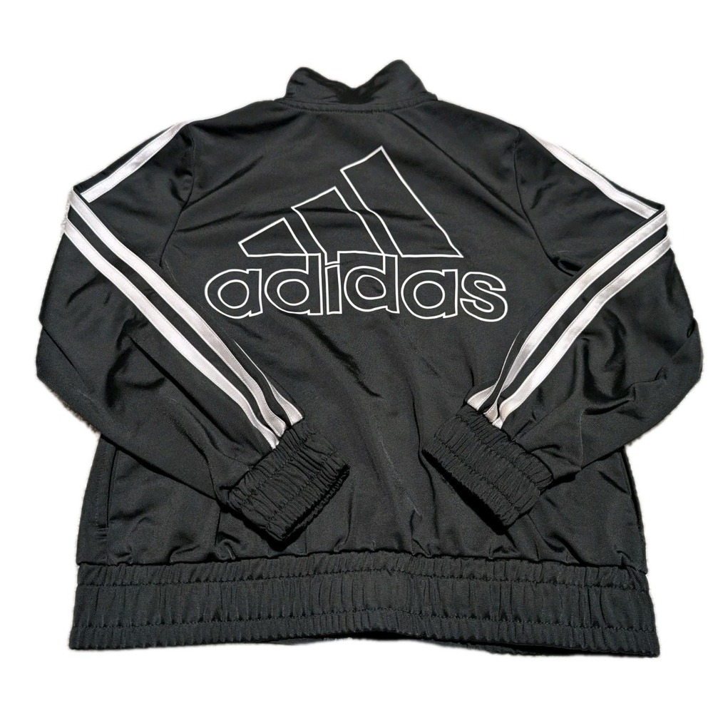 Adidas 3 Stripe Boys S 7/8 Black White Zip Up Sports Track Jacket W/Pockets - Picture 2 of 4